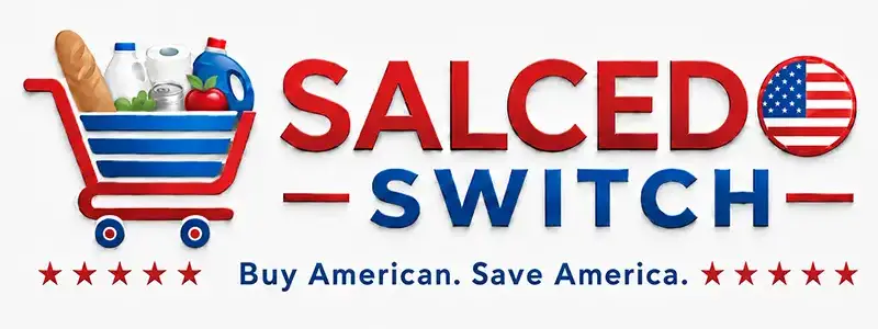Salcedo Switch logo with American-made household products and the tagline Buy American. Save America.