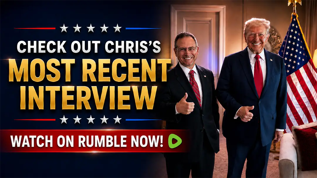 Chris Salcedo promoting his most recent patriotic interview, available to watch now on Rumble.