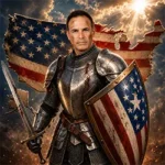 The Storm Chris Salcedo portrayed as a serious patriotic knight in armor holding a sword and American flag shield before a USA map with flag overlay.